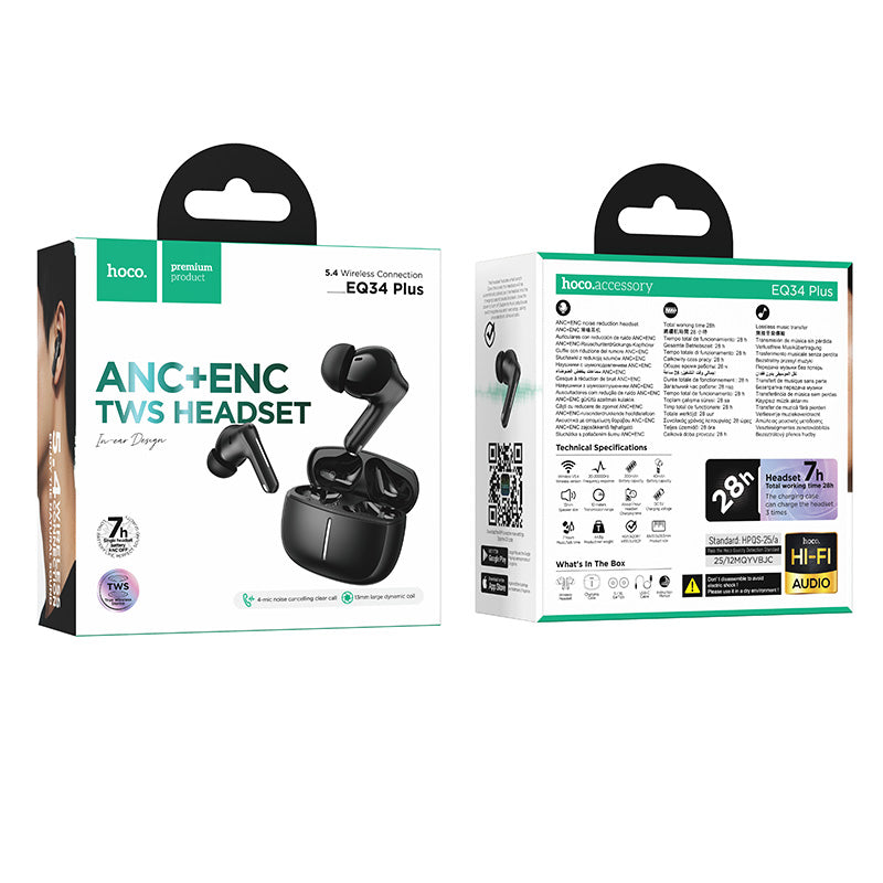 Hoco. EQ34 Plus Auriculares TWS Bluetooth 5.4 con ANC y ENC