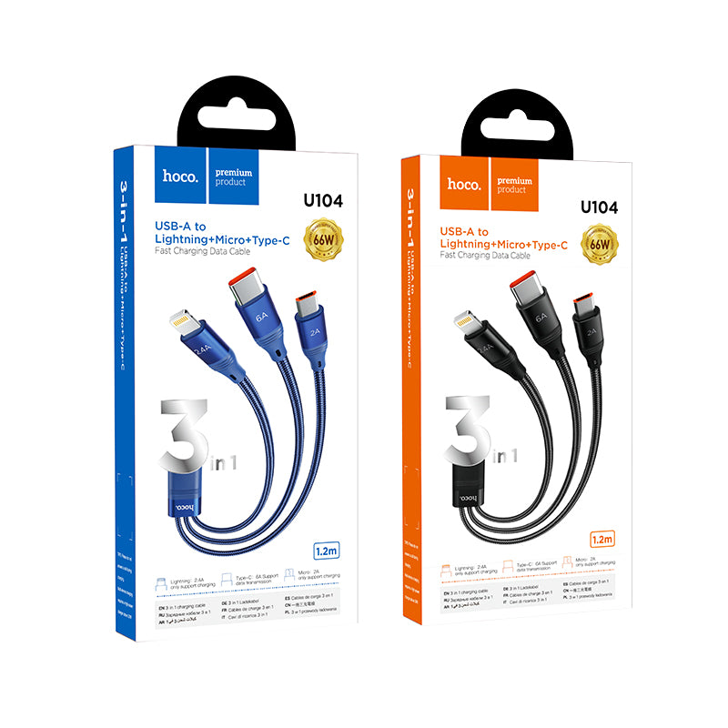Hoco. U104 Cable De Carga 3 En 1 Ultra Rápido 6A IPhone+MicroUSB+Tipo C