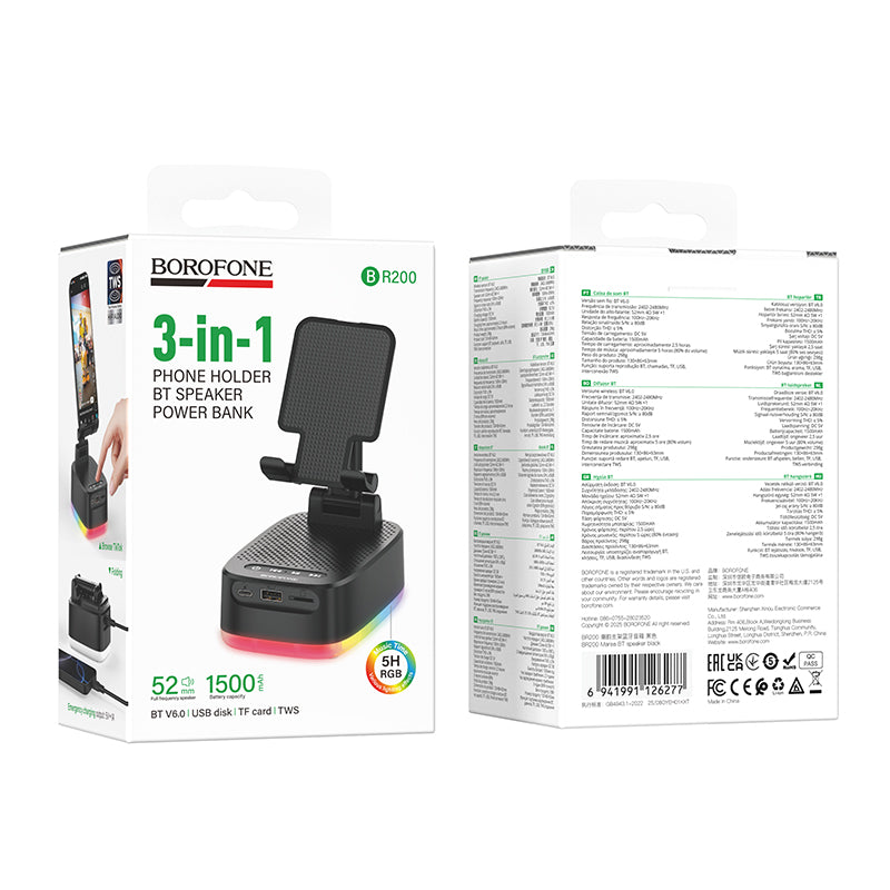 Borofone. BR200 Altavoz Bluetooth 3 en 1 con Soporte Móvil y Power Bank