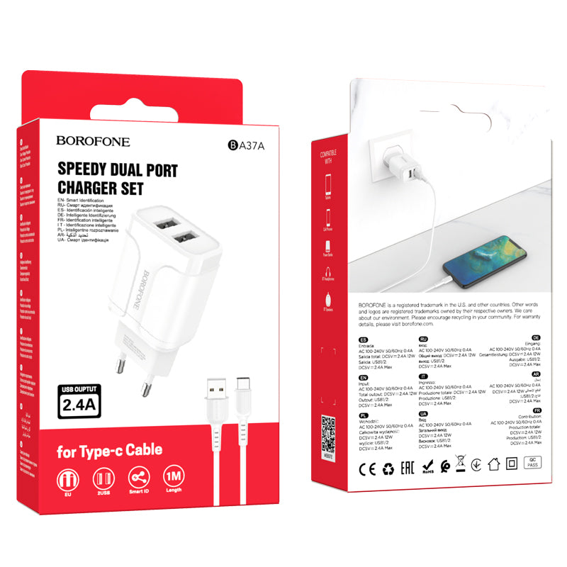 BOROFONE BA37A Cargador Rápido Doble Usb Con Cable Tipo-C