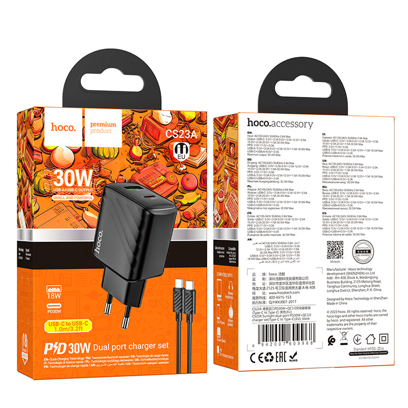 Hoco. CS23A Cargador Con Puerto PD30W+QC3.0 Y Cable Type-C A Type-C