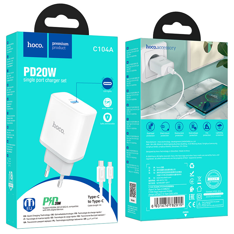 Hoco. C104A Cargador PD20W Con Cable Type-C A Type-C