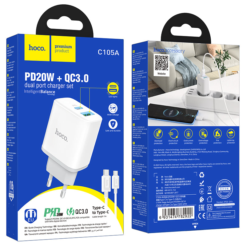 Hoco. C105A Cargador Con 2 Puertos PD20W + Qc3.0 Con Cable Type-C A Type-C