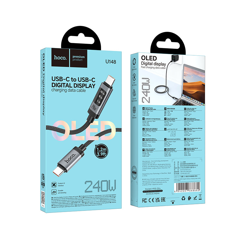 Hoco. U148 Cable USB-C a USB-C Carga Rápida 240W con Pantalla OLED