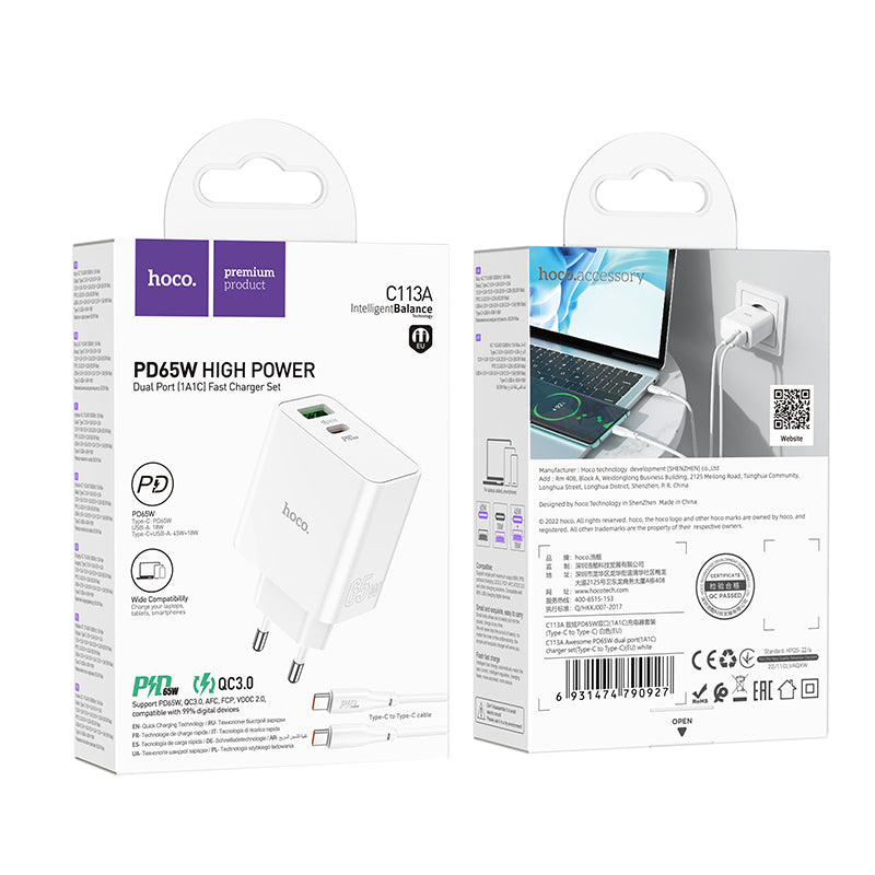 Hoco. C113A Cargador Con Puerto PD65W+Qc3.0 Con Cable Type-C A Type-C