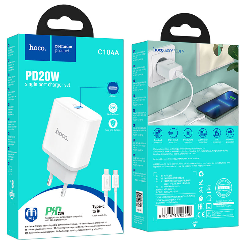 Hoco. C104A Cargador PD20W Con Cable Tipo-C A Lightning (iPhone)