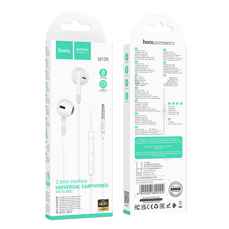 Hoco. M109 Auriculares Con Cable Y Micrófono De Entrada Jack