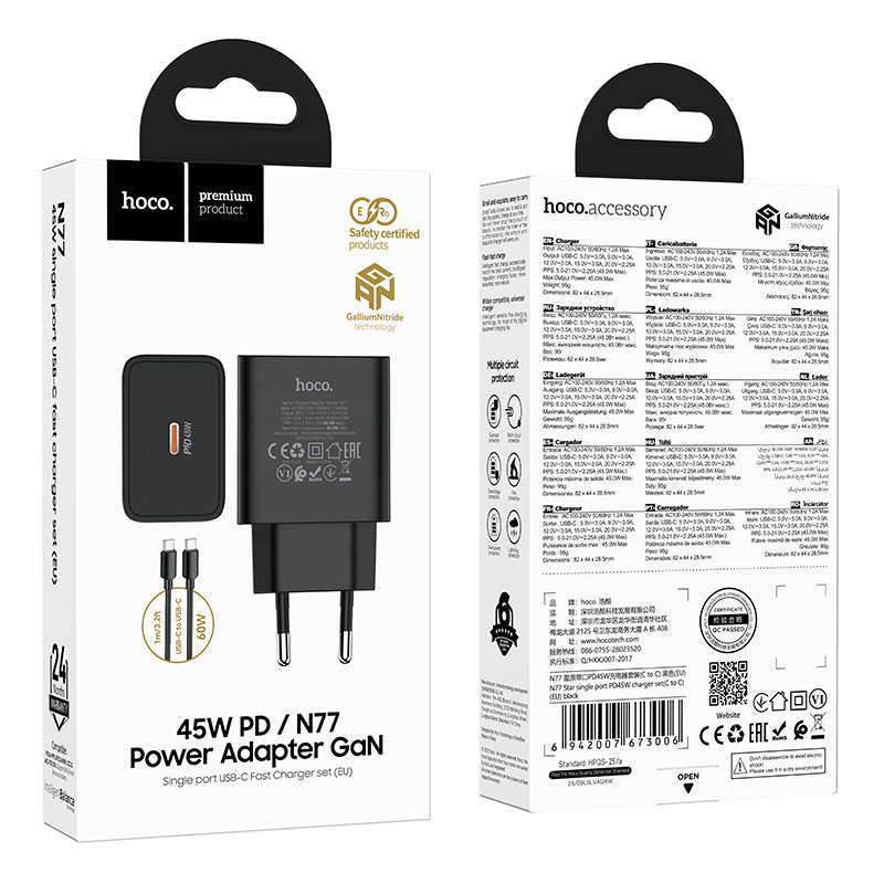 Hoco. N77 Cargador Completo PD45W USB-C con Cable C-C