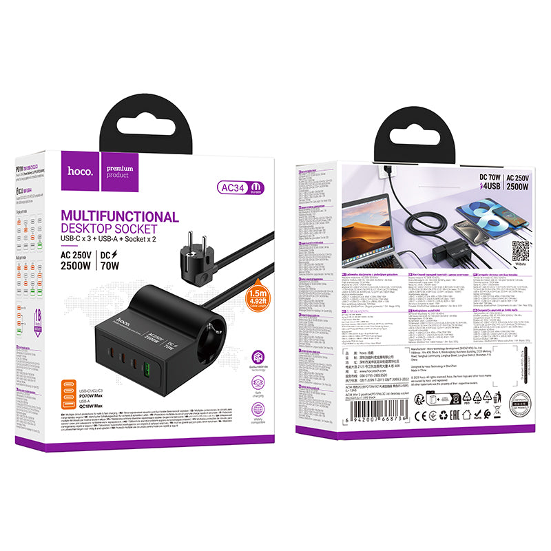 Hoco. HC34 Enchufe de Escritorio – 1x PD 70 W + 3x USB C + 1x A / Multitomas