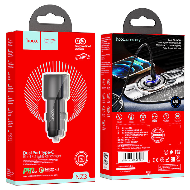 Hoco. NZ3 Cargador De Móvil Coche Clear Way 40W Puerto Dual PD