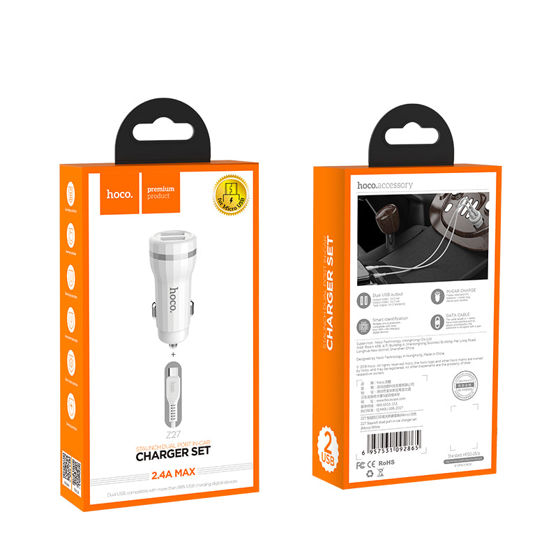 Hoco. Z27 Cargador De Móvil Coche Con Cable Micro USB