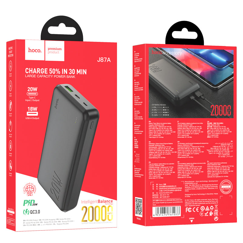 Hoco. J87A Cargador Portatil Tacker PD20W+QC3.0 (20000mAh)
