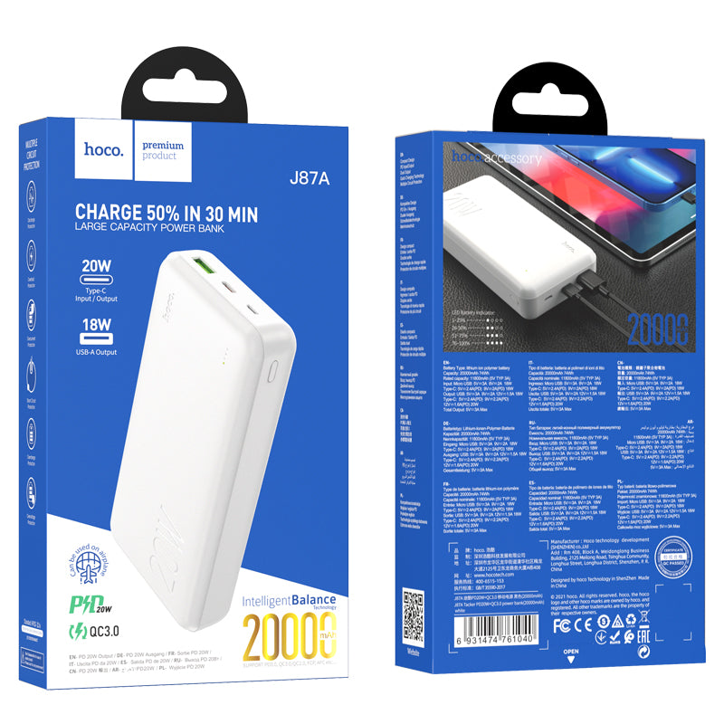 Hoco. J87A Cargador Portatil Tacker PD20W+QC3.0 (20000mAh)