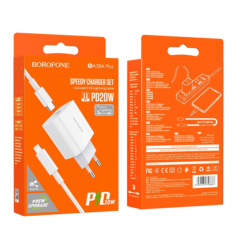 BOROFONE BA38A Cargador Con Cable Type C A Lightning Plus Speedy PD20W