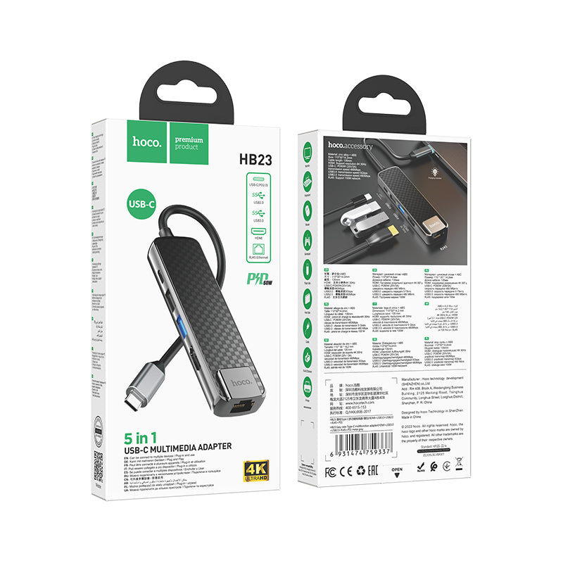 Hoco. HB23 Adaptador Multifunción Vista Fácil Tipo-C (Hdmi+Usb3.0+Usb2.0+Rj45+Pd)