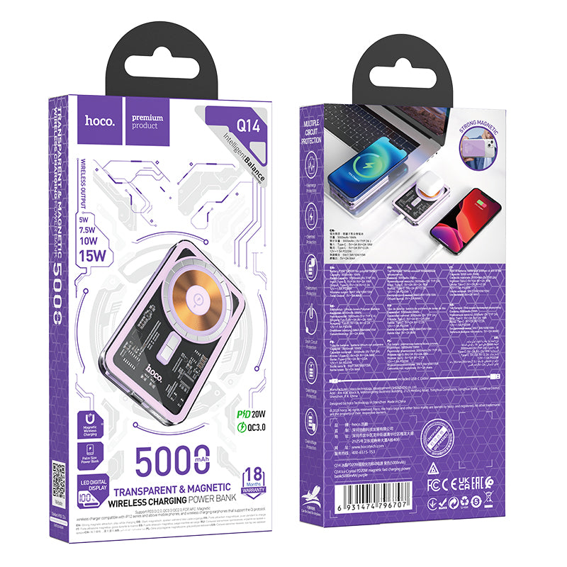 Hoco. Q14 Power Bank Transparentado Y Magnético De Carga Rápida  PD20W+QC3.0 5000mAh