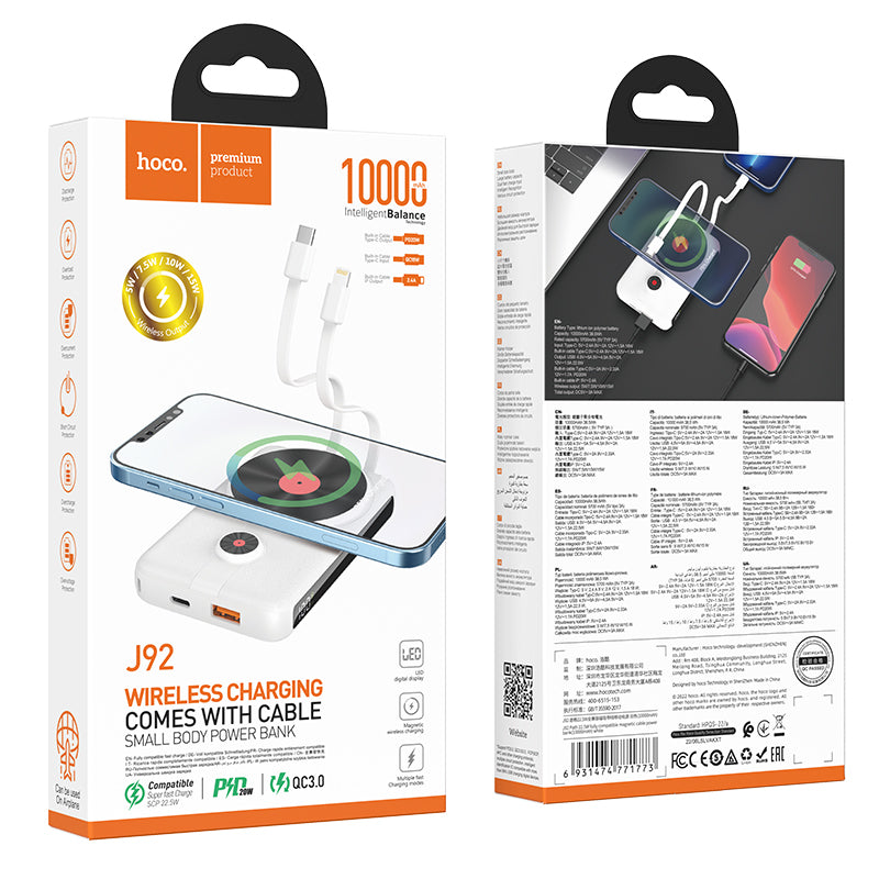 Hoco. J92 Power Bank De 10000mAh Con Cable Lightning (iPhone) + Type-C Integrados