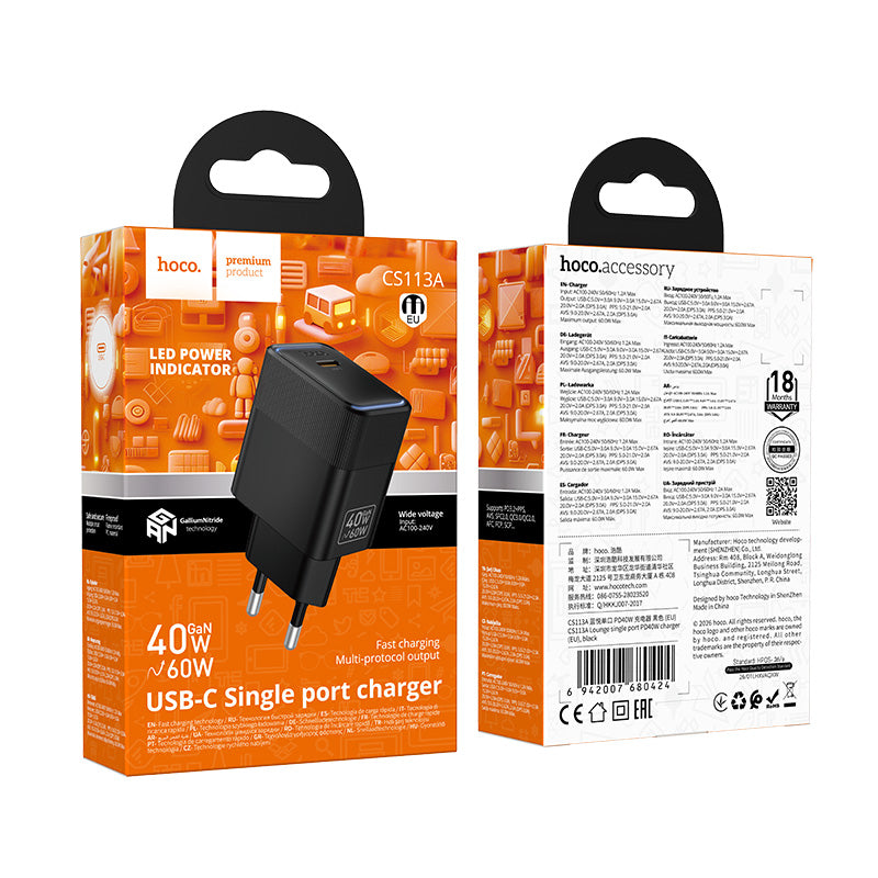 Hoco. CS113A Cargador Rápido PD40W USB-C Sin Cable