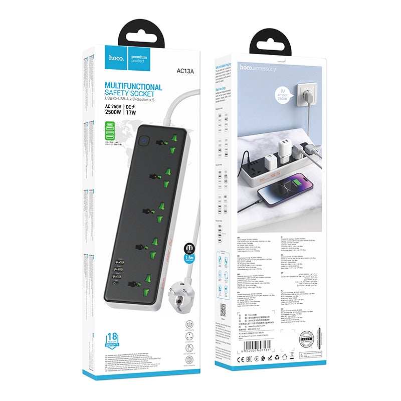 Hoco. AC13A Enchufe de Pared Múltiple 5 Tomas con USB-C y 3 USB