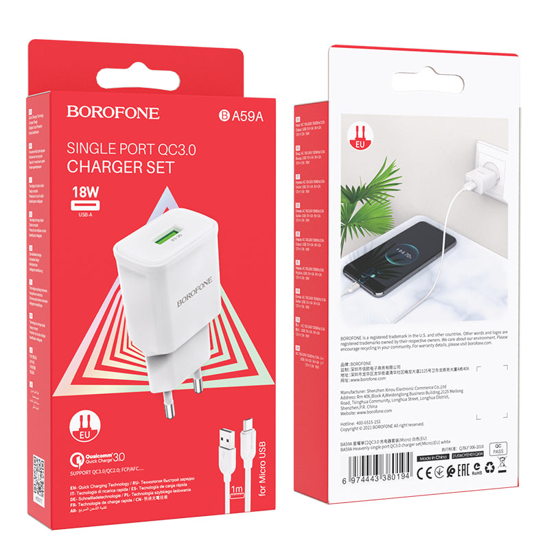 BOROFONE BA59A Cargador Rápido Qc 3.0 Con Cable Micro Usb