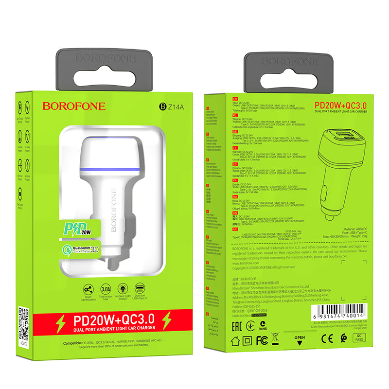 BOROFONE BZ14A Cargador De Coche Con Doble Puerto PD20W + QC3.0 Con Luz Ambiental