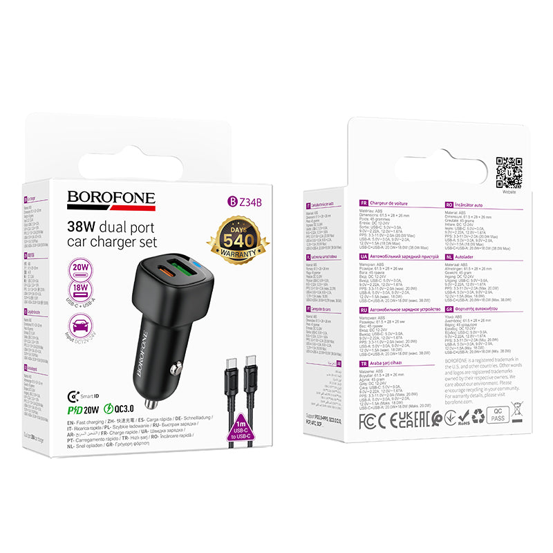 Borofone. BZ34B Cargador de Coche PD38W + QC3.0 con Cable C-C