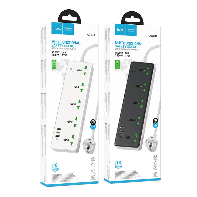 Hoco. AC13A Enchufe de Pared Múltiple 5 Tomas con USB-C y 3 USB