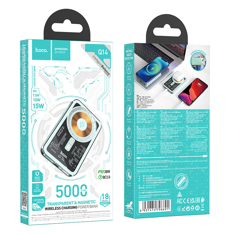 Hoco. Q14 Power Bank Transparentado Y Magnético De Carga Rápida  PD20W+QC3.0 5000mAh