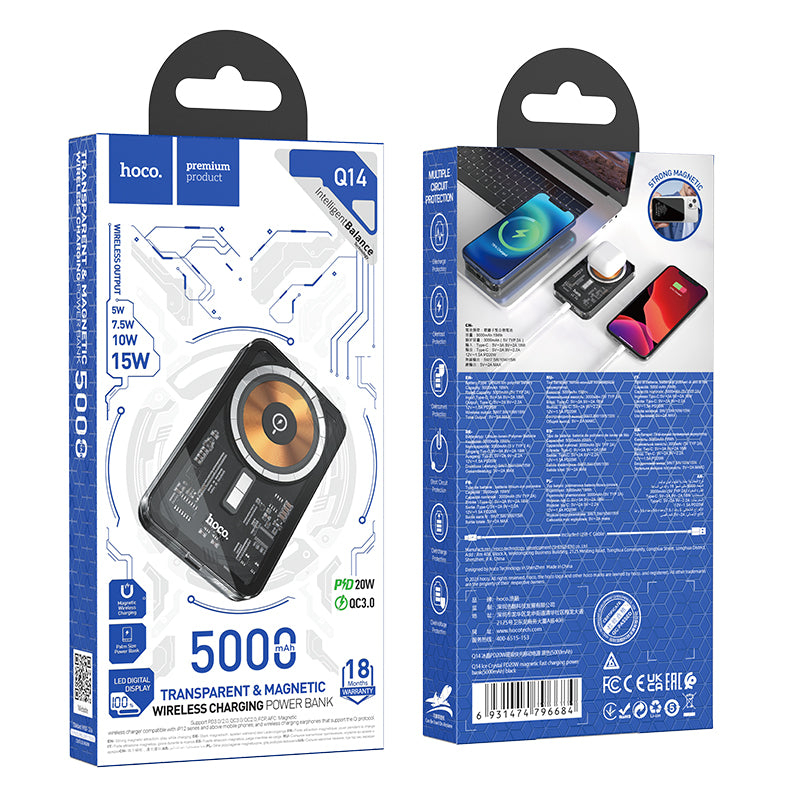 Hoco. Q14 Power Bank Transparentado Y Magnético De Carga Rápida  PD20W+QC3.0 5000mAh