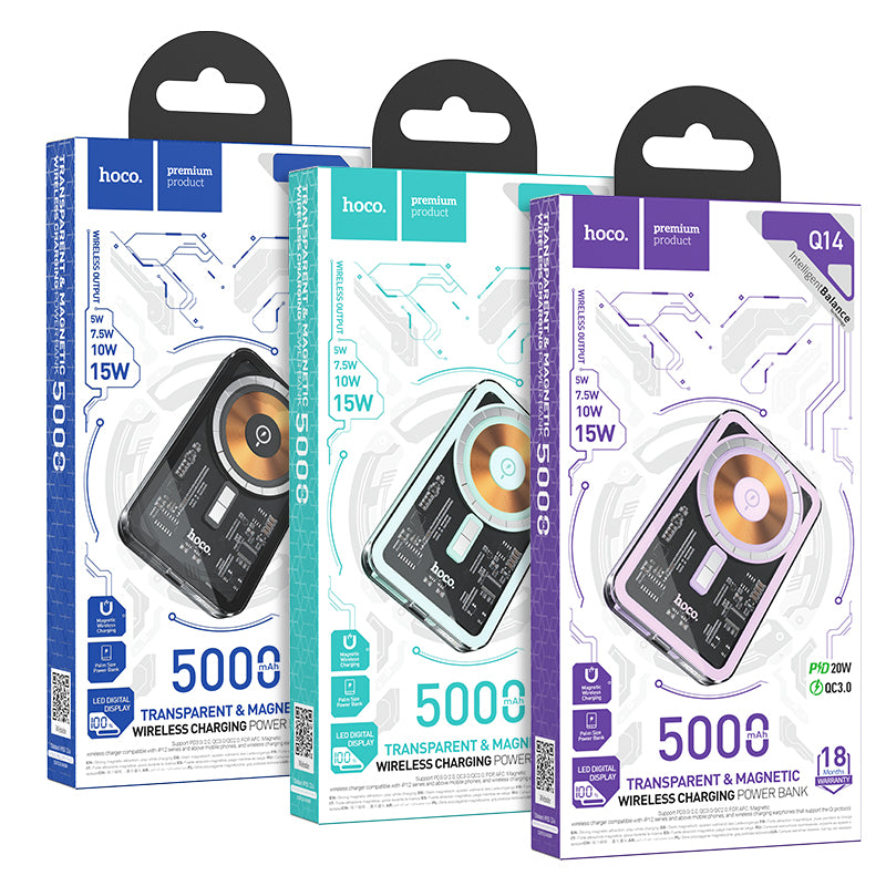 Hoco. Q14 Power Bank Transparentado Y Magnético De Carga Rápida  PD20W+QC3.0 5000mAh
