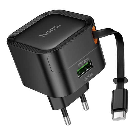 Hoco. C154A Cargador de Pared USB-C PD20 W + USB-A (18 W) con Cable Retráctil Integrado