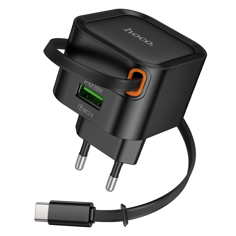 Hoco. C154A Cargador de Pared USB-C PD20 W + USB-A (18 W) con Cable Retráctil Integrado
