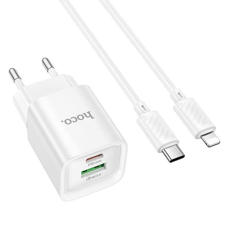 Hoco. C147A Set Cargador 20 W QC3.0 USB-C + USB-A + Cable Type-C ➝ Lightning 1 m