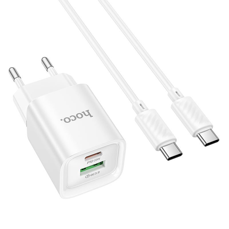 Hoco. C147A Cargador de Pared USB-C 20 W + USB-A 18 W QC3.0 (Set con Cable Type-C a Type-C 1 m)
