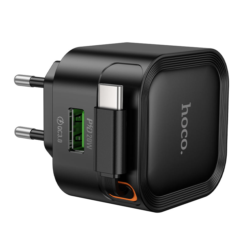 Hoco. C154A Cargador de Pared USB-C PD20 W + USB-A (18 W) con Cable Retráctil Integrado