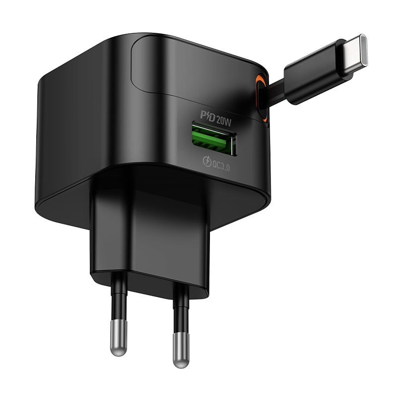 Hoco. C154A Cargador de Pared USB-C PD20 W + USB-A (18 W) con Cable Retráctil Integrado
