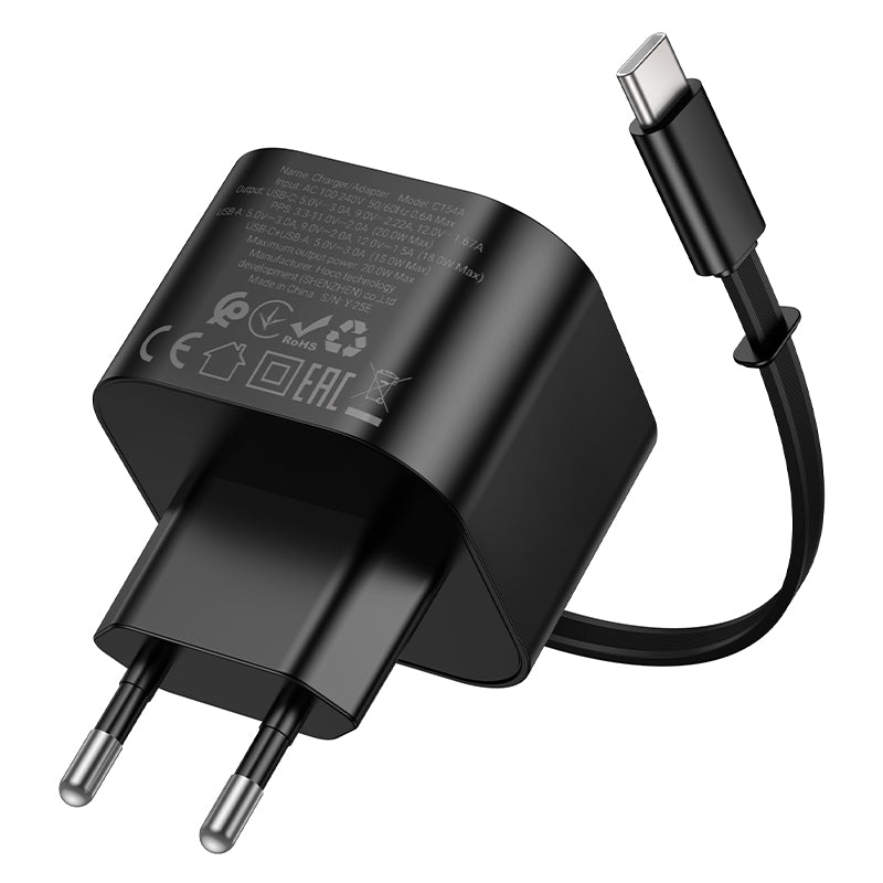 Hoco. C154A Cargador de Pared USB-C PD20 W + USB-A (18 W) con Cable Retráctil Integrado