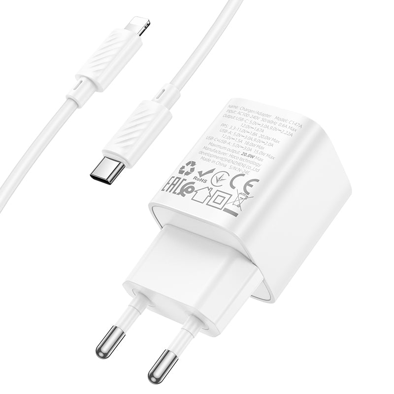 Hoco. C147A Set Cargador 20 W QC3.0 USB-C + USB-A + Cable Type-C ➝ Lightning 1 m