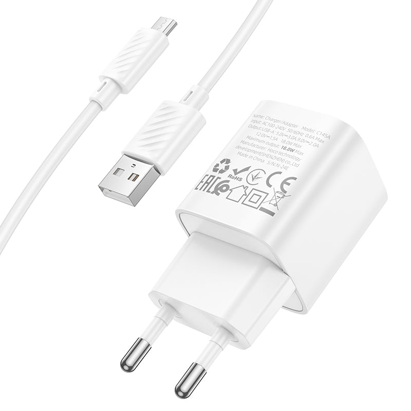 Hoco. C145A Cargador de Pared USB-A 18 W QC3.0 con Cable Micro-USB