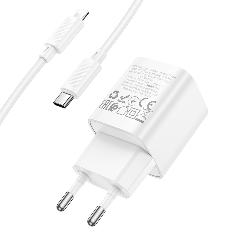 Hoco C146A Cargador USB‑C 20 W + Cable Type‑C → Lightning