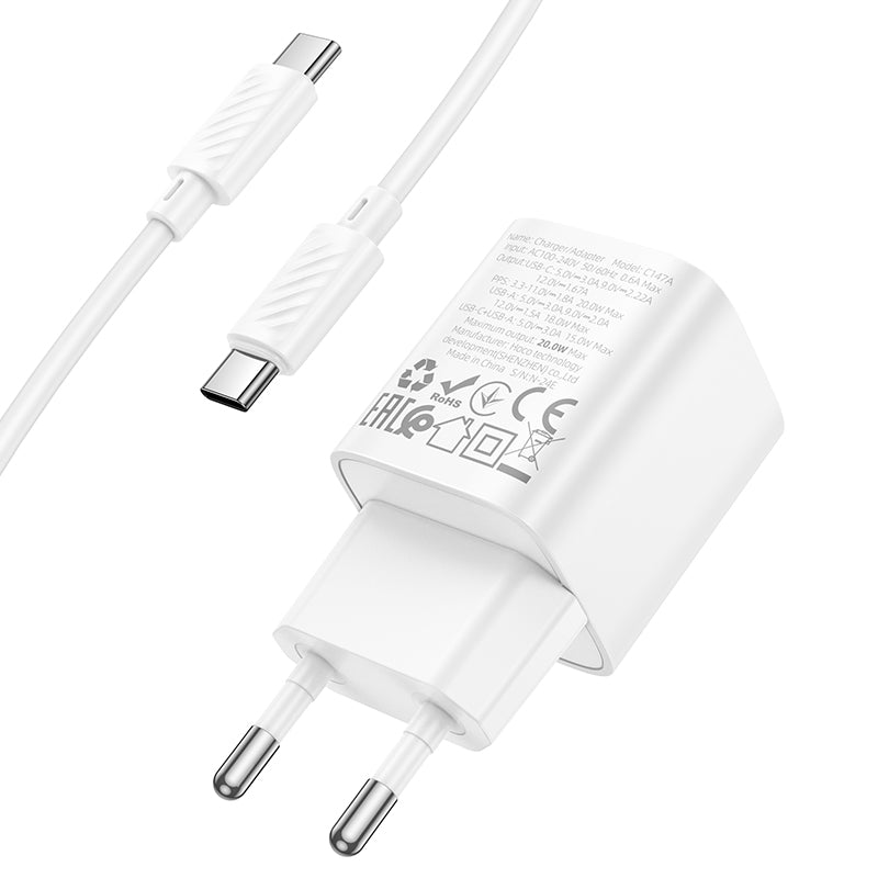 Hoco. C147A Cargador de Pared USB-C 20 W + USB-A 18 W QC3.0 (Set con Cable Type-C a Type-C 1 m)