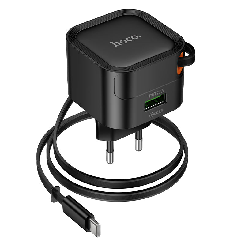 Hoco. C154A Cargador de Pared USB-C PD20 W + USB-A (18 W) con Cable Retráctil Integrado