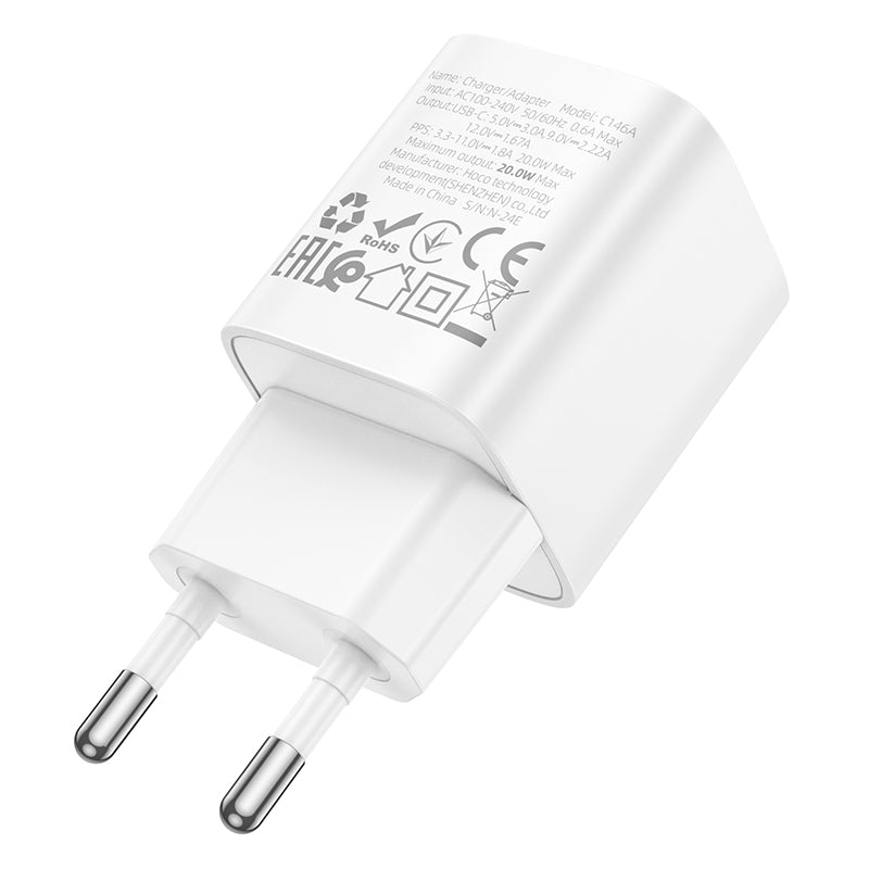Hoco. C146A Cargador USB-C 20 W PD/QC – Solo Enchufe (Sin Cable)