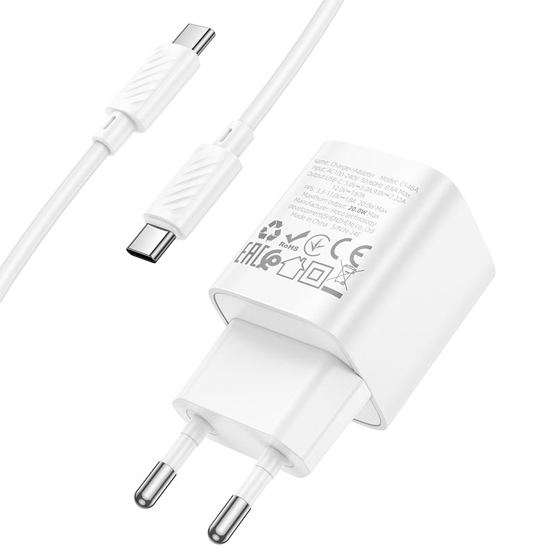 Hoco. C146A Cargador USB-C 20 W PD/QC + Cable Type-C 1 m – Enchufe EU