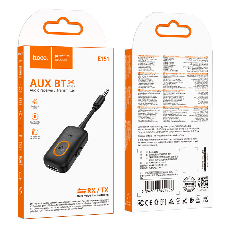 Hoco. E151 Receptor y Transmisor Bluetooth AUX Jack 3.5 mm