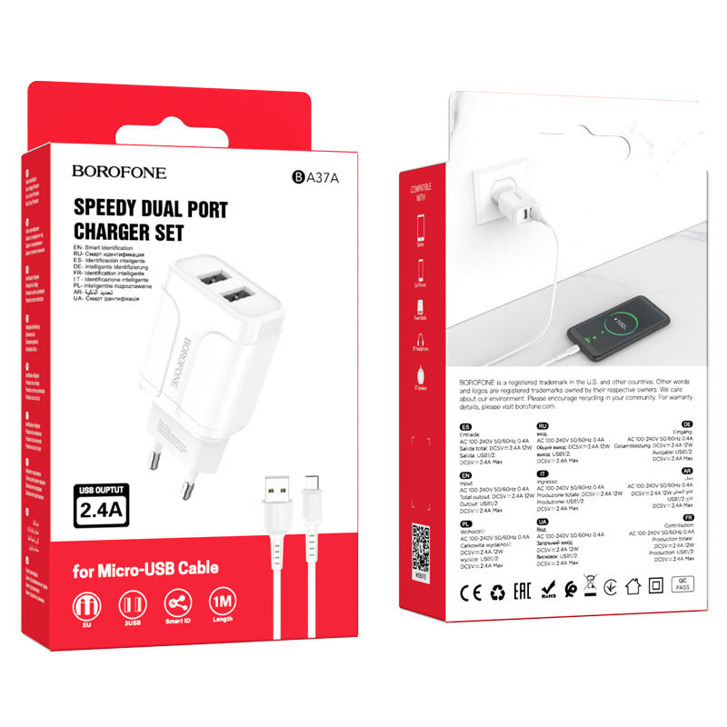 BOROFONE BA37A Cargador Rápido Doble USB Con Cable Micro Usb