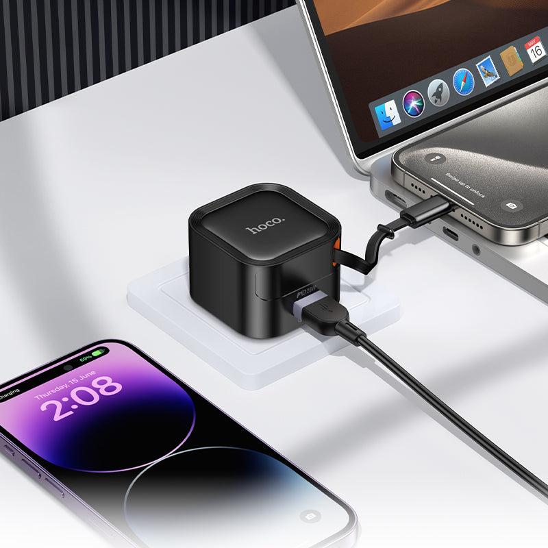 Hoco. C154A Cargador de Pared USB-C PD20 W + USB-A (18 W) con Cable Retráctil Integrado