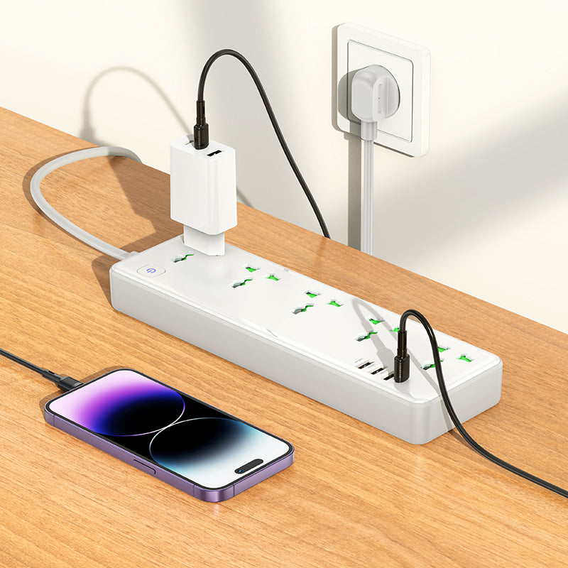 Hoco. AC13A Enchufe de Pared Múltiple 5 Tomas con USB-C y 3 USB