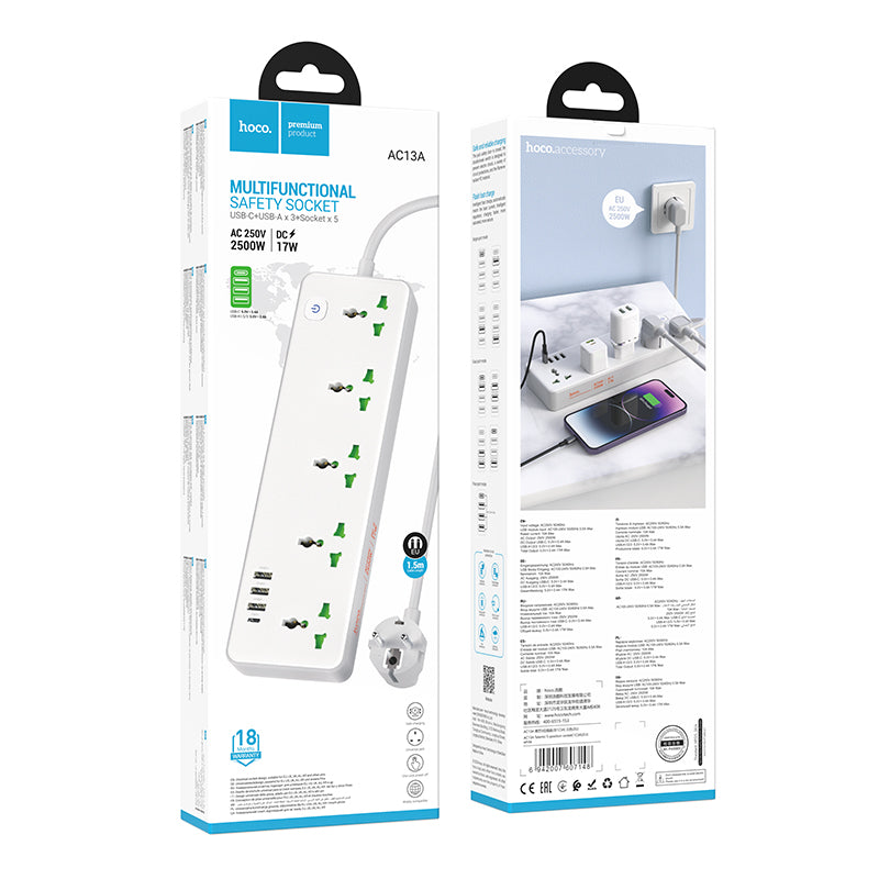 Hoco. AC13A Enchufe de Pared Múltiple 5 Tomas con USB-C y 3 USB