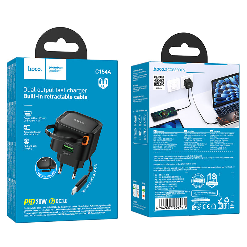 Hoco. C154A Cargador de Pared USB-C PD20 W + USB-A (18 W) con Cable Retráctil Integrado